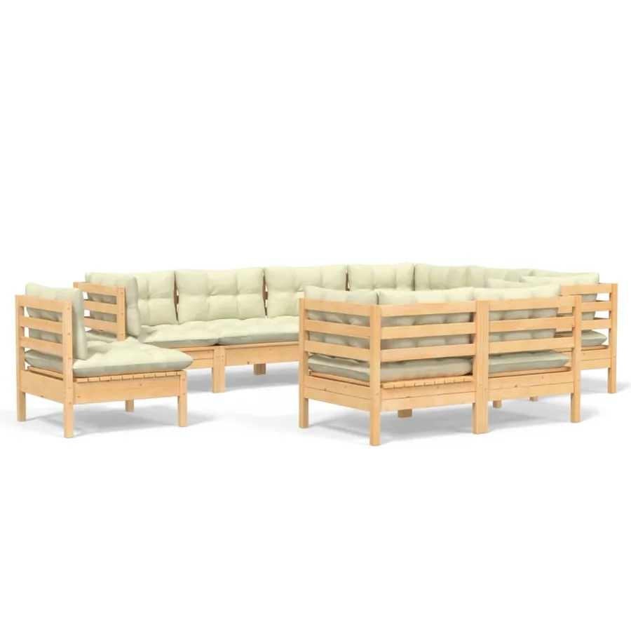 Salon de jardin 9 pcs avec coussins crème bois de pin massif - 2