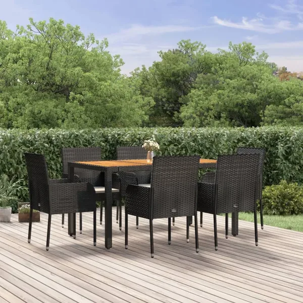 Ensemble à manger de jardin coussins 7pcs Noir Résine tressée