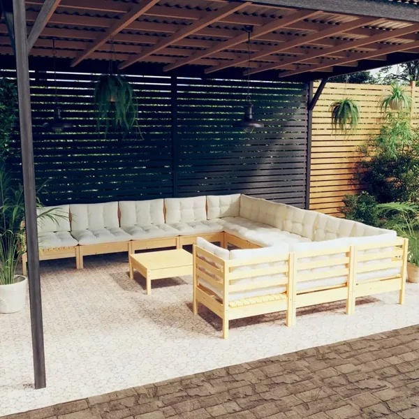 Salon de jardin 12 pcs avec coussins crème Bois de pin