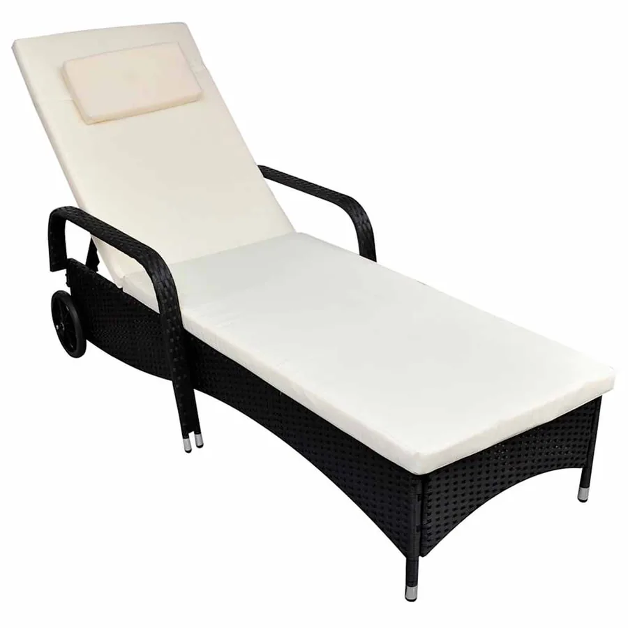 Chaise longue avec coussin et roues Résine tressée Noir - 7