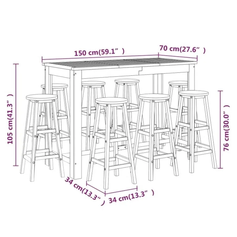 Ensemble de bar de jardin 9 pcs Bois d'acacia solide - 9