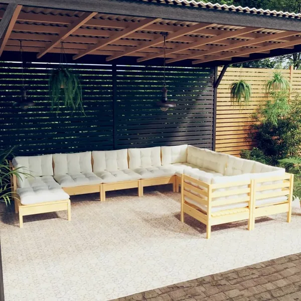 Salon de jardin 10 pcs avec coussins crème Bois de pin