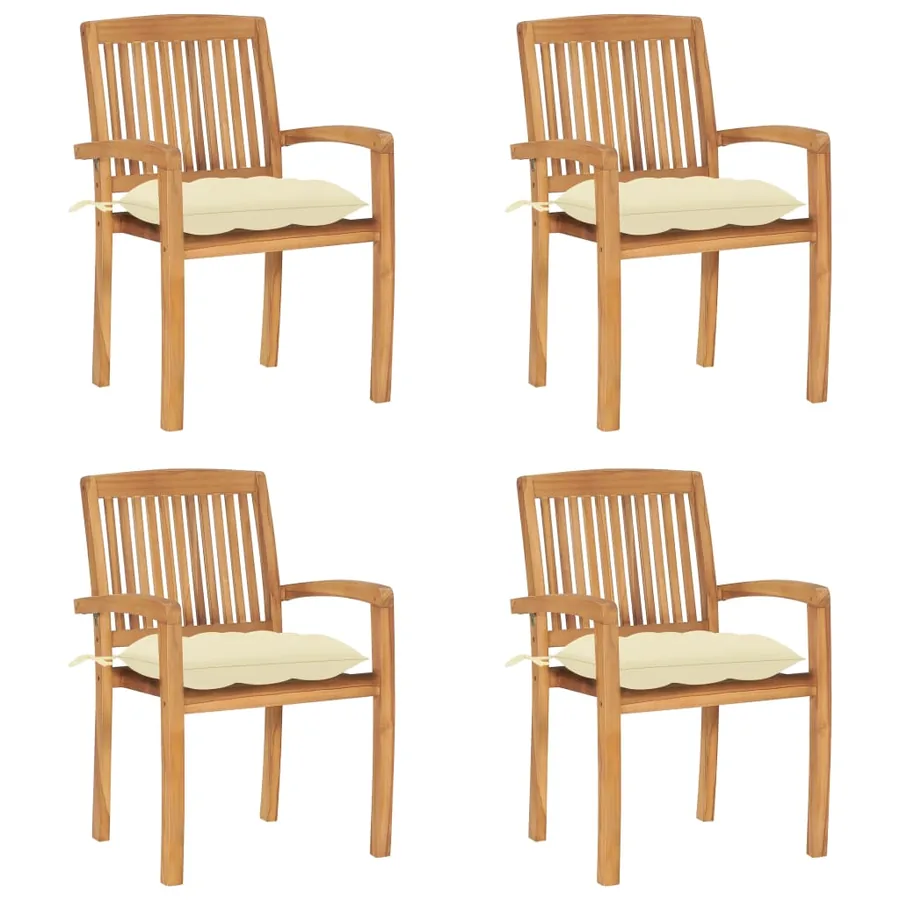 Chaises de jardin empilables avec coussins lot de 4 Teck solide