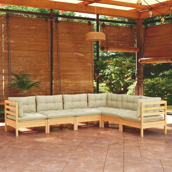Salon de jardin 6 pcs avec coussins crème Bois de pin massif