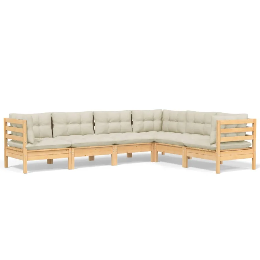 Salon de jardin 6 pcs avec coussins crème Bois de pin massif - 2