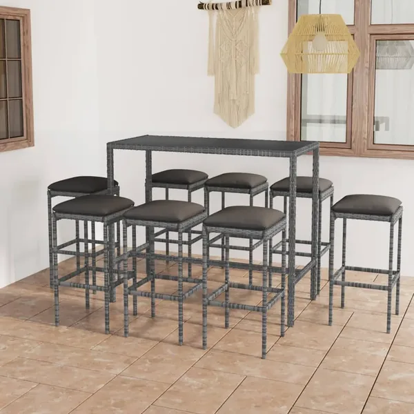 Ensemble de bar de jardin 9 pcs et coussins Résine tressée Gris