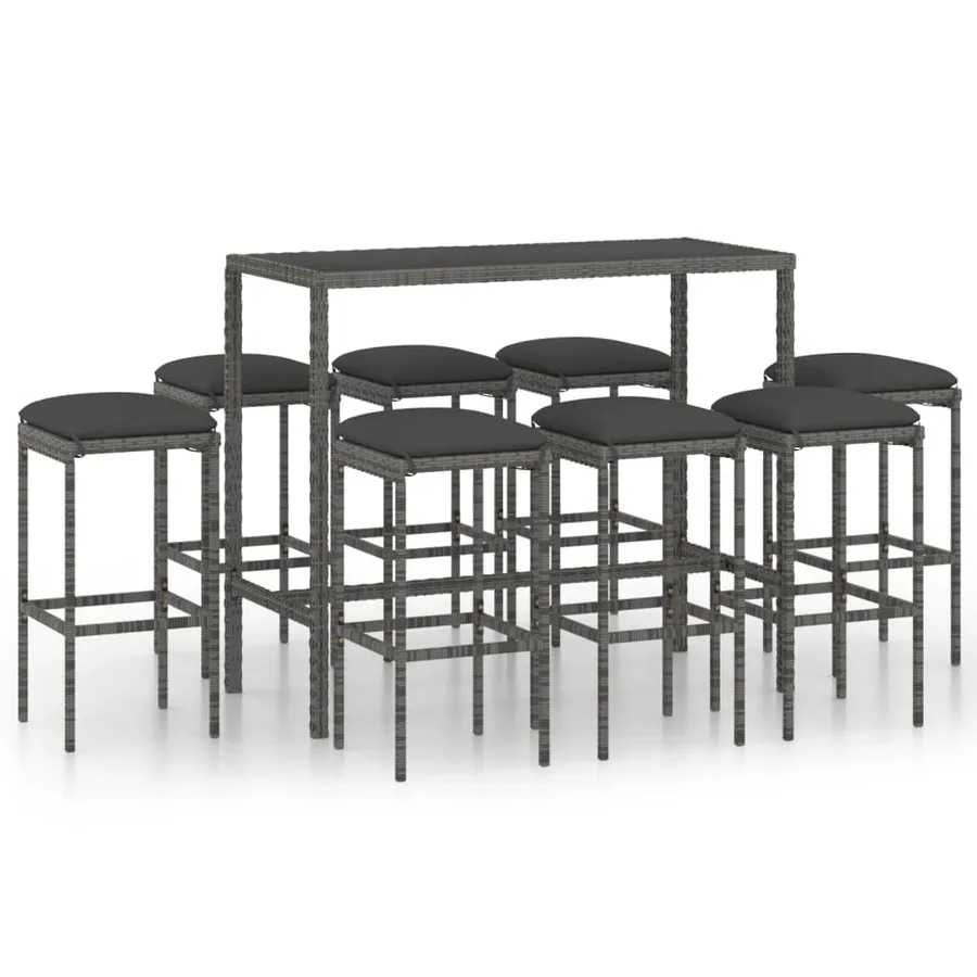Ensemble de bar de jardin 9 pcs et coussins Résine tressée Gris - 2