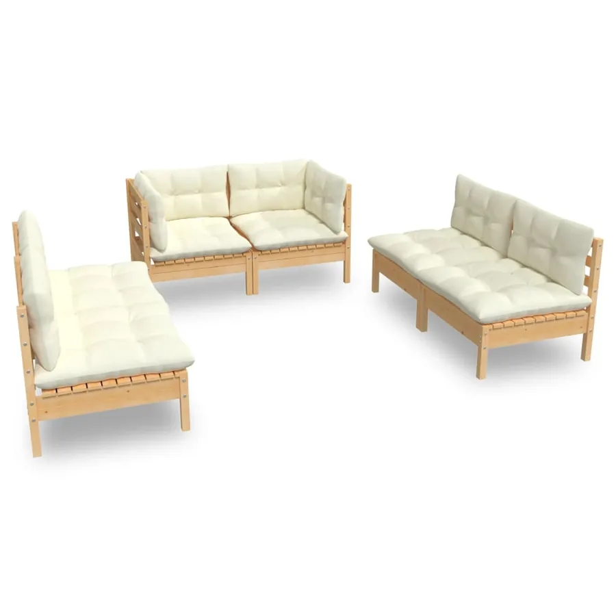 Salon de jardin 6 pcs avec coussins crème Bois de pin massif - 2