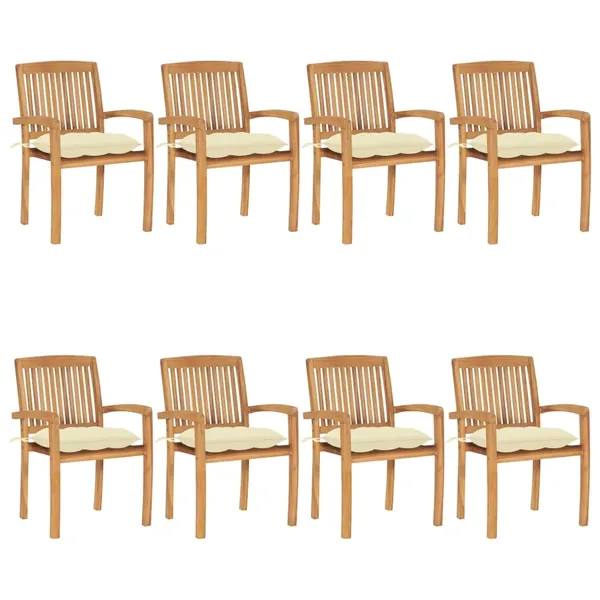 Chaises de jardin empilables avec coussins lot de 8 Teck solide