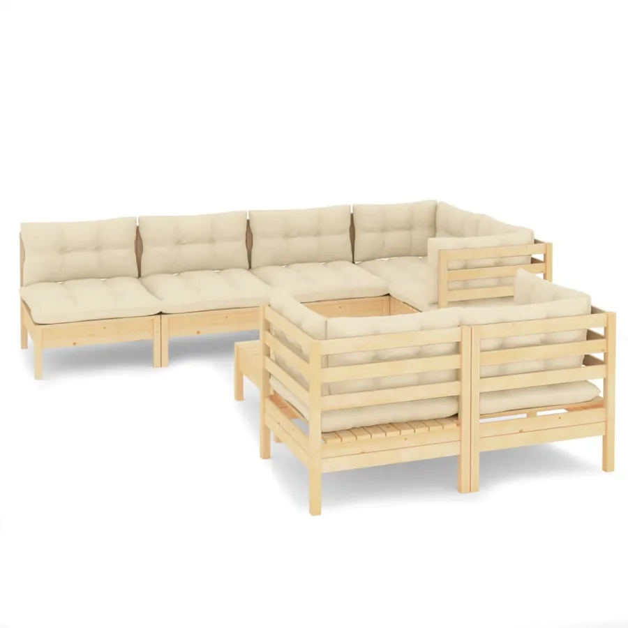 Salon de jardin 8 pcs avec coussins crème Bois de pin massif - 2