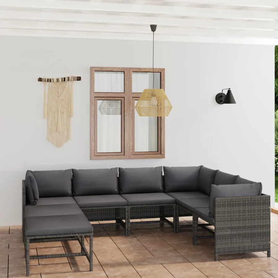 Salon de jardin 8 pcs avec coussins Résine tressée Gris