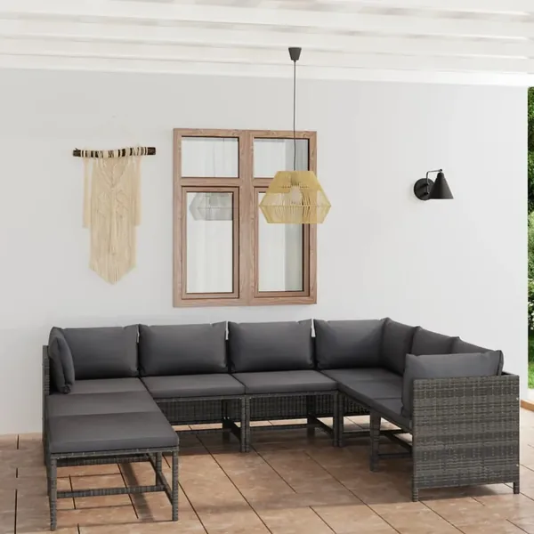 Salon de jardin 8 pcs avec coussins Résine tressée Gris