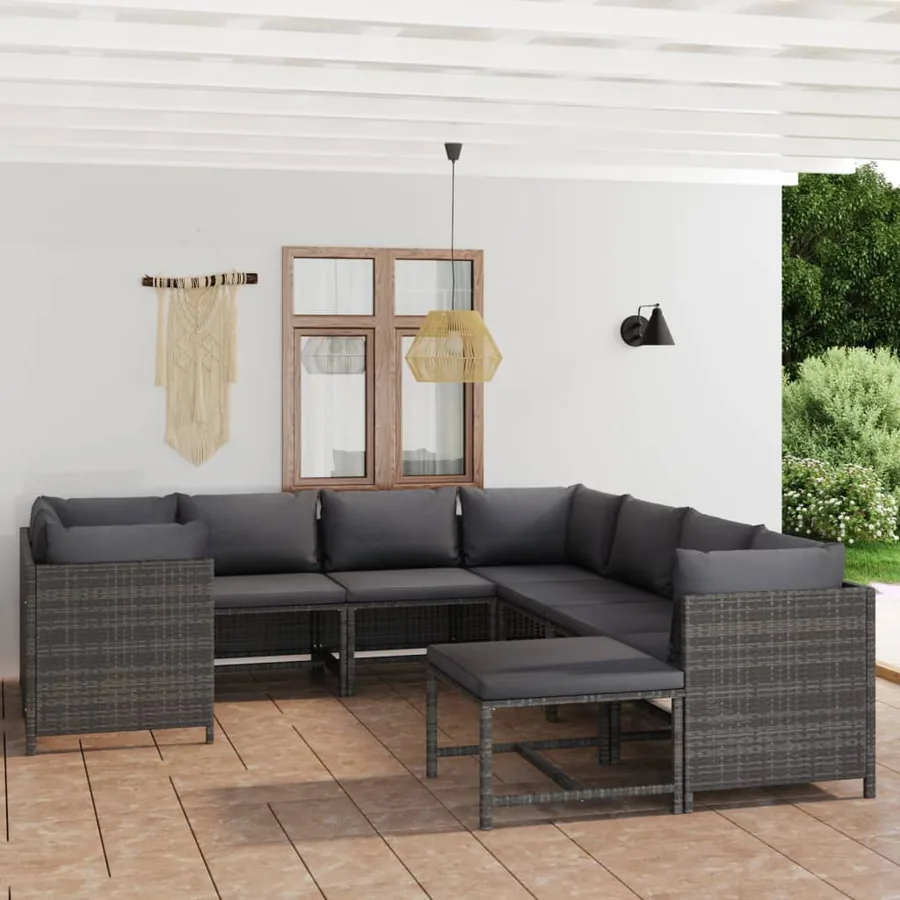 Salon de jardin 9 pcs avec coussins Résine tressée Gris
