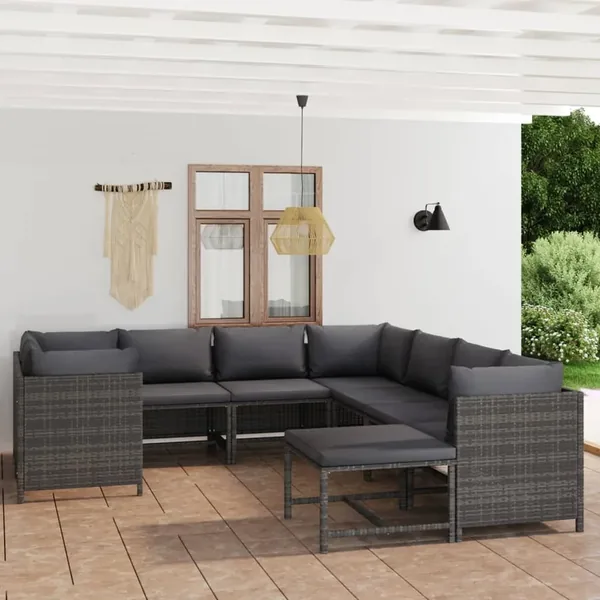 Salon de jardin 9 pcs avec coussins Résine tressée Gris