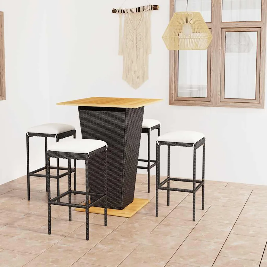 Ensemble de bar de jardin 5 pcs et coussins Résine tressée Noir