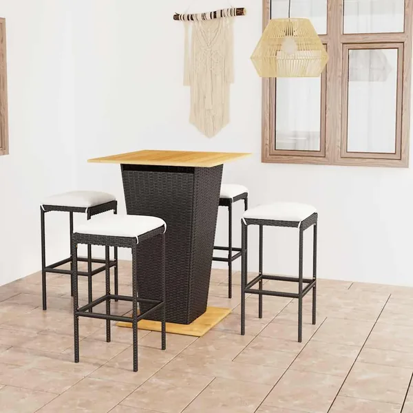 Ensemble de bar de jardin 5 pcs et coussins Résine tressée Noir