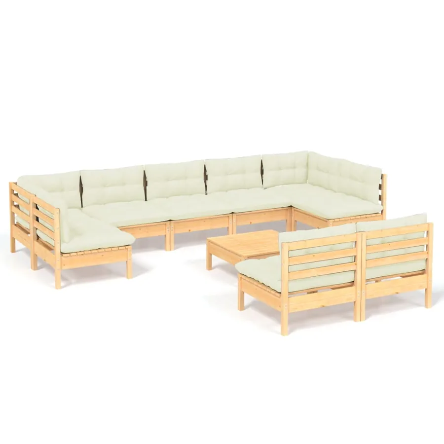 Salon de jardin 10 pcs avec coussins crème bois de pin massif - 2
