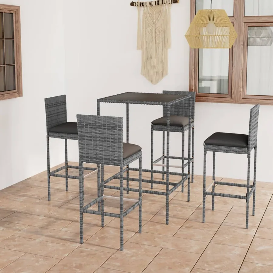 Ensemble de bar de jardin 5 pcs et coussins Résine tressée Gris