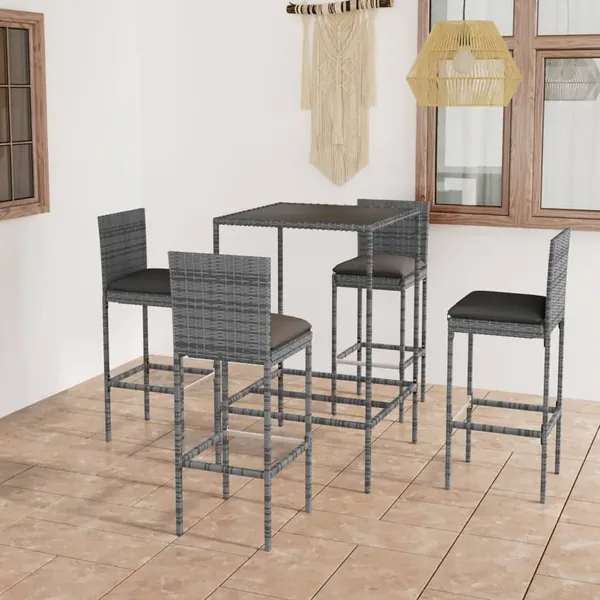 Ensemble de bar de jardin 5 pcs et coussins Résine tressée Gris