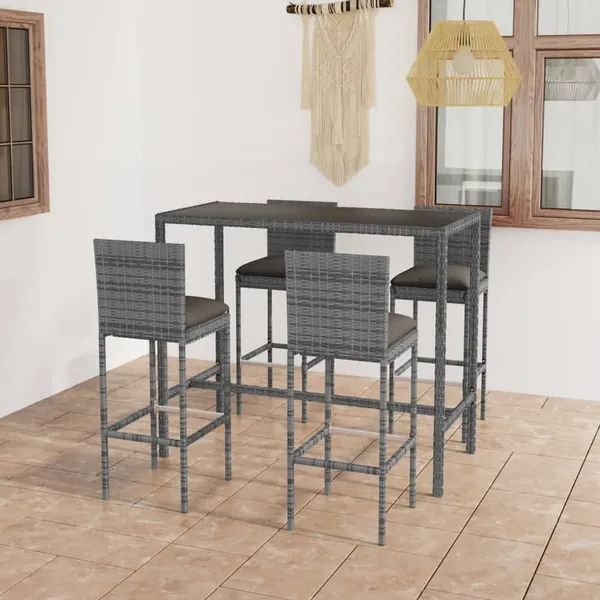 Ensemble de bar de jardin 5 pcs et coussins Résine tressée Gris