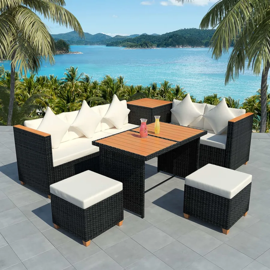 Salon de jardin 7 pcs avec coussins Résine tressée Noir