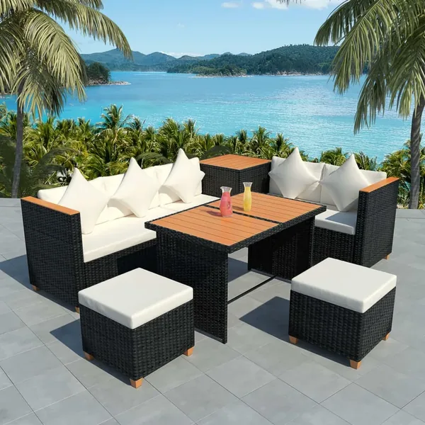 Salon de jardin 7 pcs avec coussins Résine tressée Noir