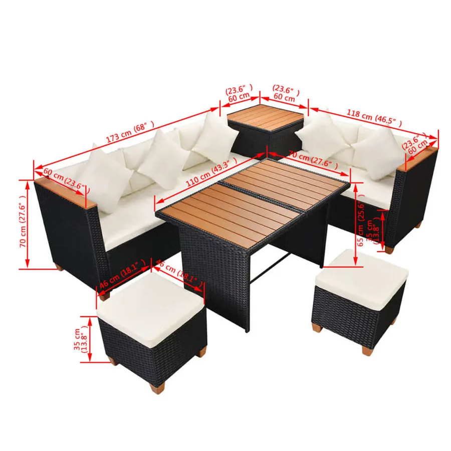 Salon de jardin 7 pcs avec coussins Résine tressée Noir - 11
