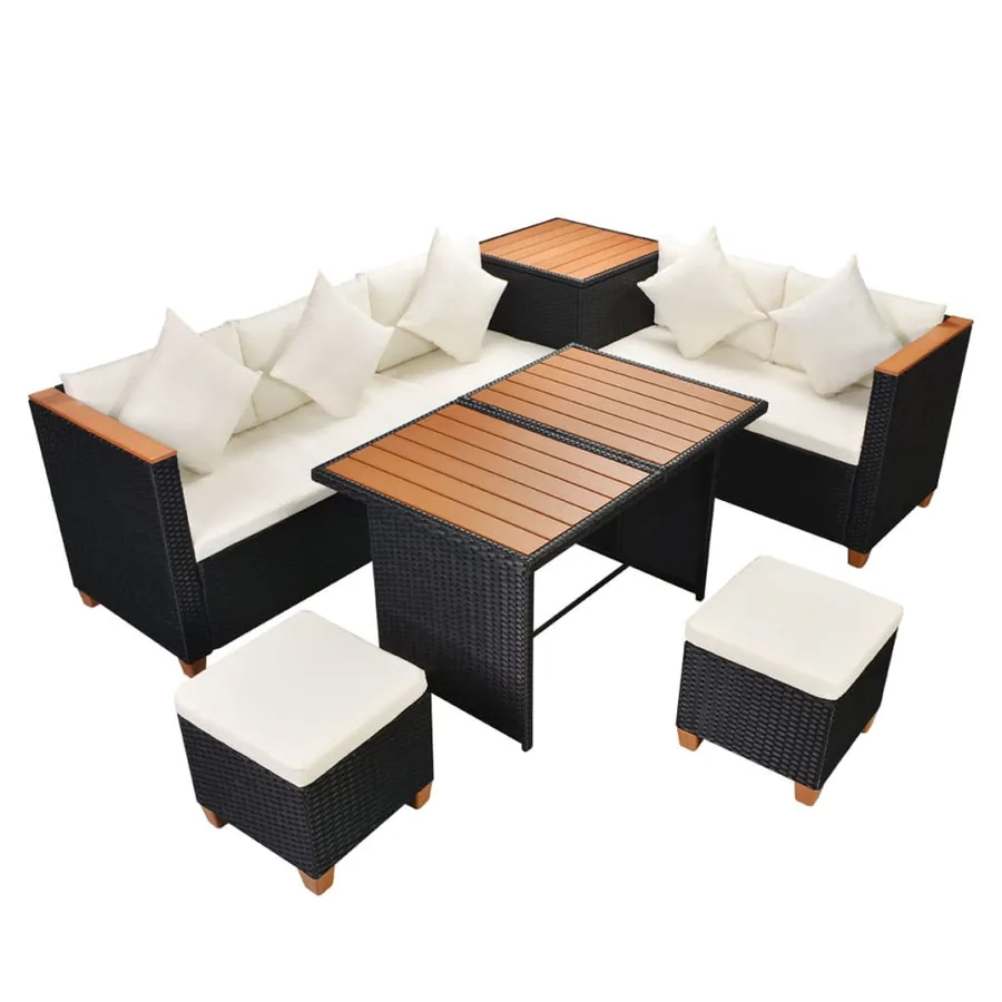 Salon de jardin 7 pcs avec coussins Résine tressée Noir - 4