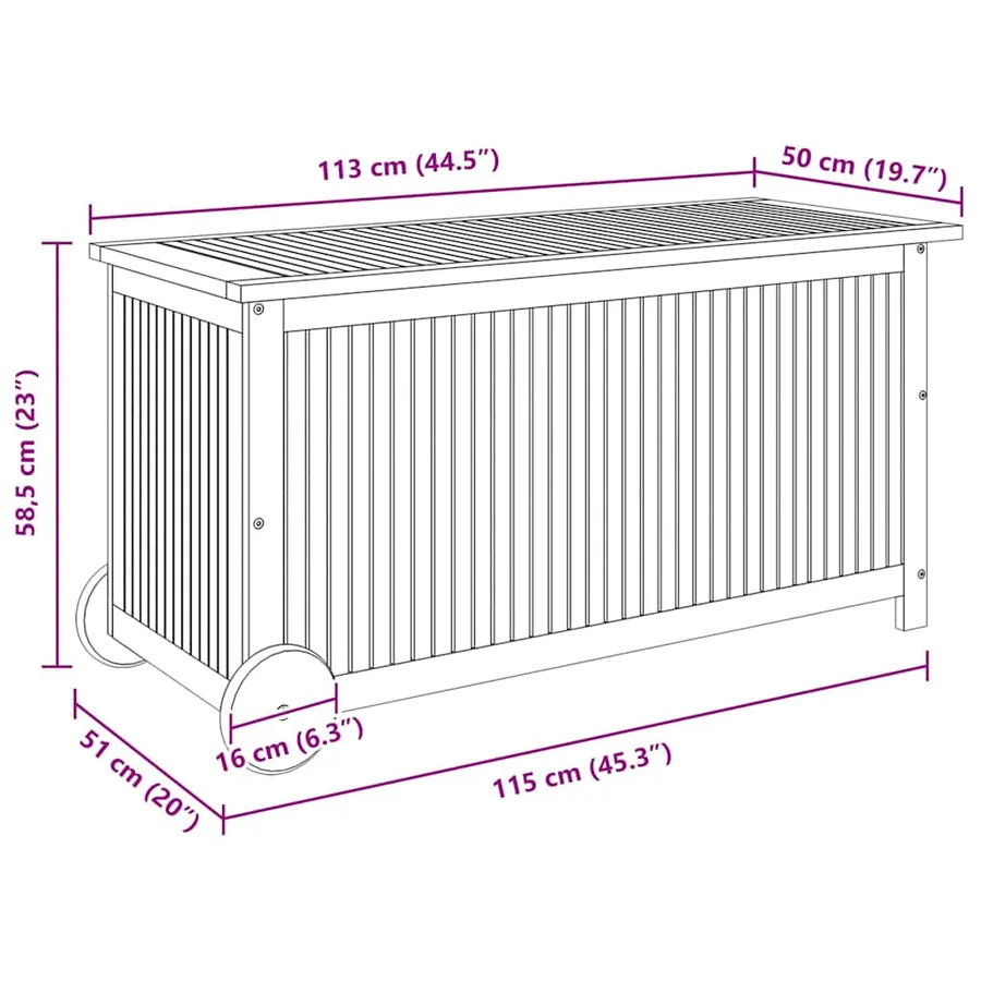 Boîte de rangement de jardin avec roues 113x50x58cm Bois acacia - 8