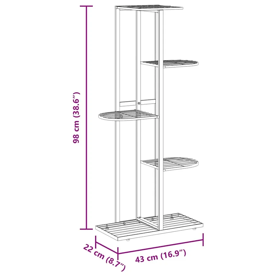 Support pour plantes 5 niveaux 43x22x98 cm Noir Métal - 9