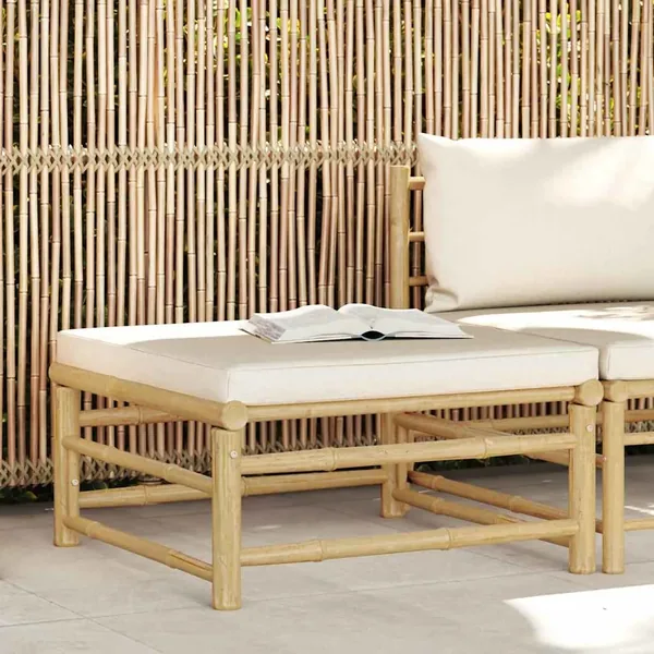 Repose-pied de jardin avec coussin blanc crème Bambou