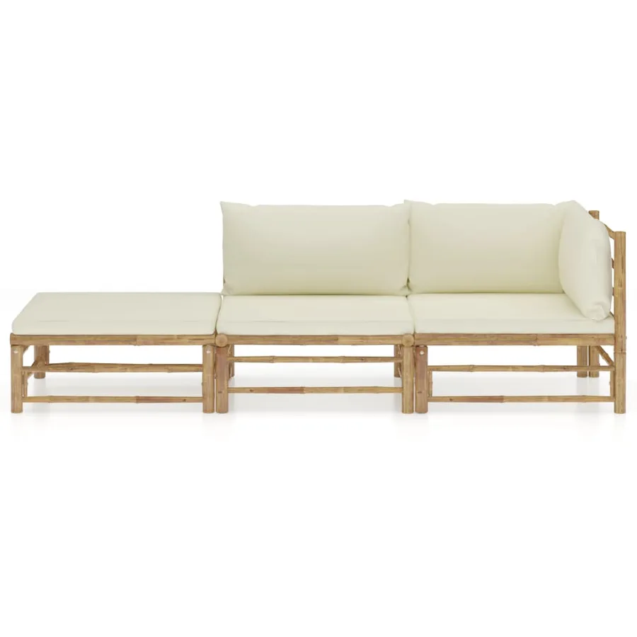 Salon de jardin 3 pcs avec coussins blanc crème bambou - 2