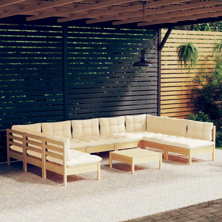 Salon de jardin 10 pcs avec coussins crème bois de pin massif