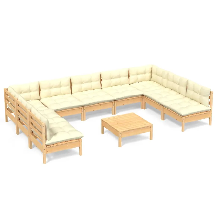 Salon de jardin 10 pcs avec coussins crème bois de pin massif - 2