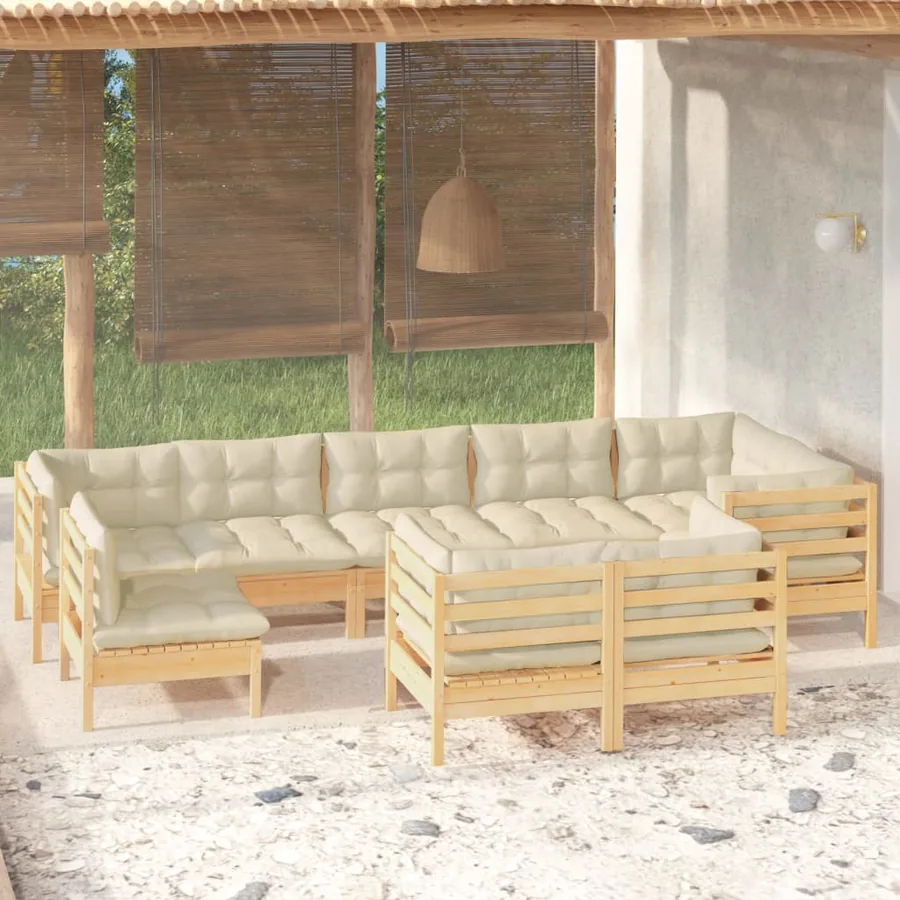 Salon de jardin 9 pcs avec coussins crème bois de pin massif
