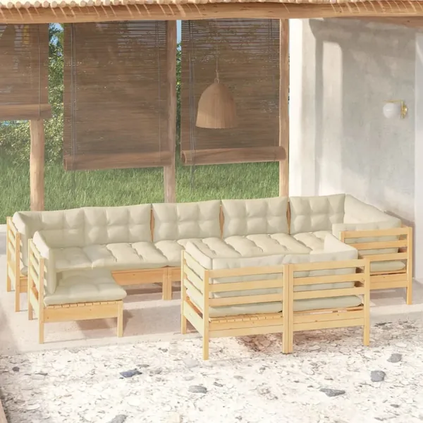 Salon de jardin 9 pcs avec coussins crème bois de pin massif