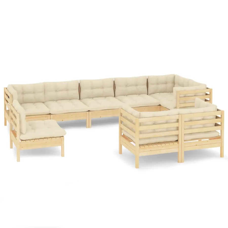 Salon de jardin 9 pcs avec coussins crème bois de pin massif - 2