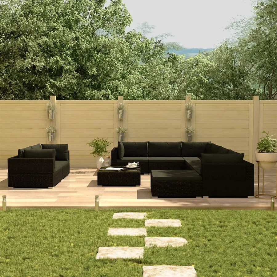 Salon de jardin 10 pcs avec coussins Résine tressée Noir