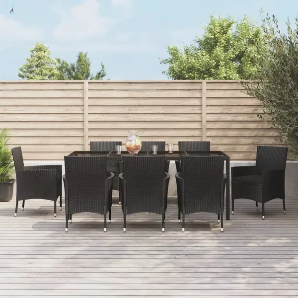 Ensemble à manger jardin 9pcs et coussins noir résine tressée