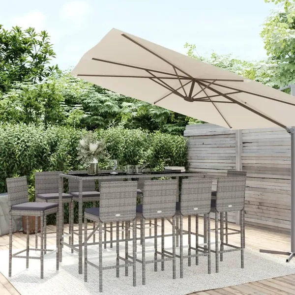 Ensemble de bar de jardin 11 pcs avec coussins gris poly rotin