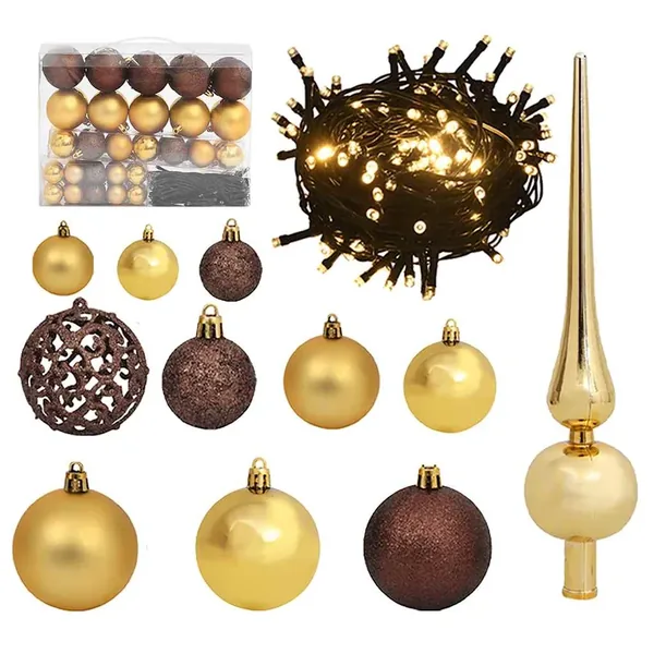Set de boules de Noël avec pic et 150 LED 60 pcs Doré et bronze