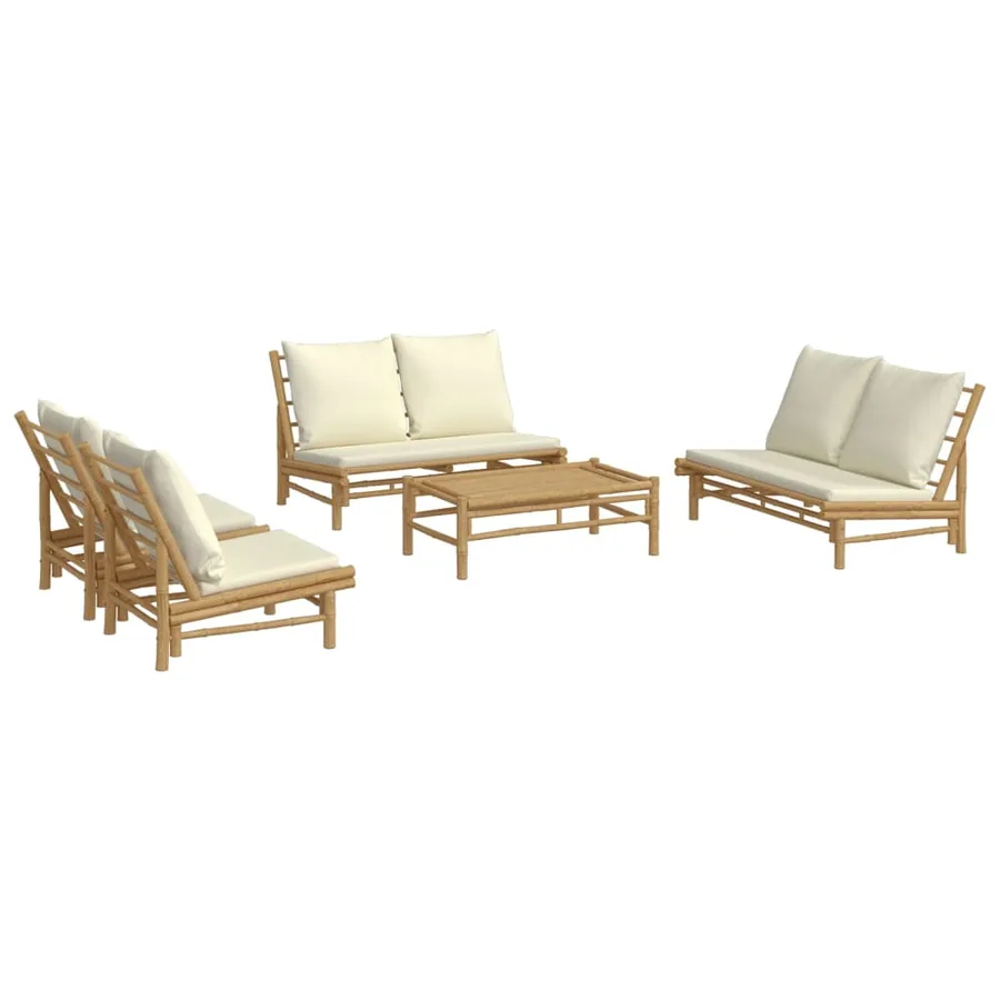 Salon de jardin 5 pcs avec coussins blanc crème bambou - 3