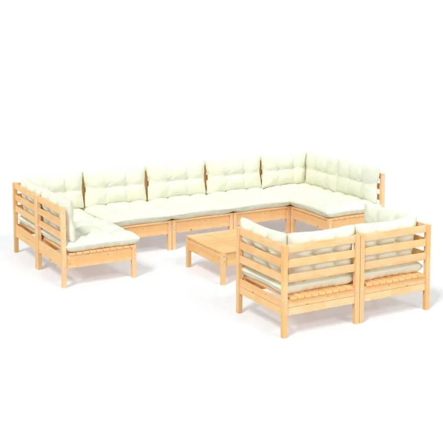Salon de jardin 10 pcs avec coussins crème bois de pin massif - 2