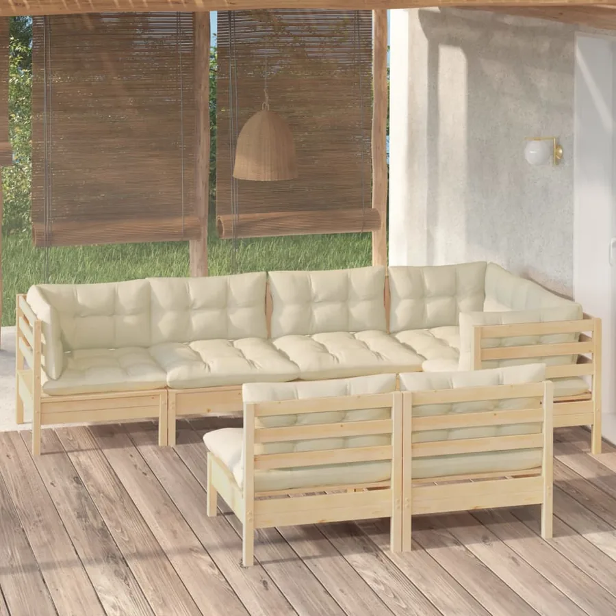 Salon de jardin 7 pcs avec coussins crème bois de pin massif