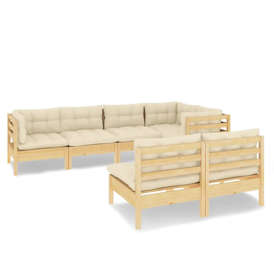 Salon de jardin 7 pcs avec coussins crème bois de pin massif - 2