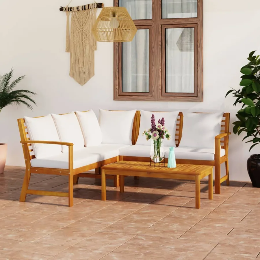 Salon de jardin 4 pcs avec coussin Crème Bois d'acacia solide