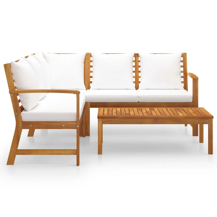 Salon de jardin 4 pcs avec coussin Crème Bois d'acacia solide - 3