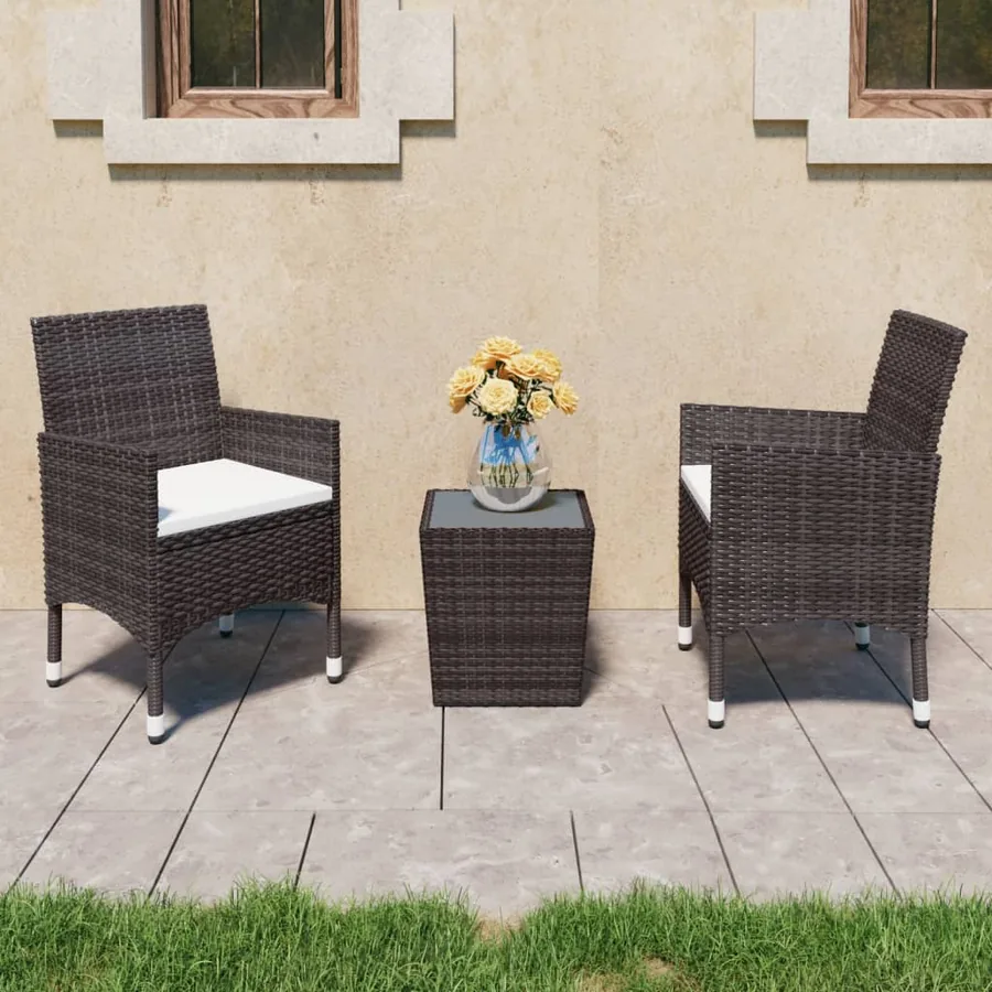 Ensemble de bistro 3 pcs Résine tressée et verre trempé Marron