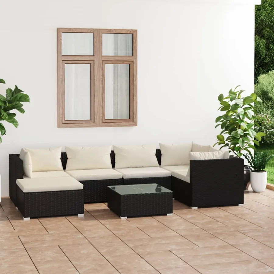 Salon de jardin 7 pcs avec coussins Résine tressée Noir