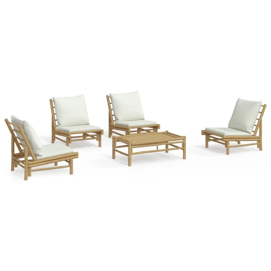 Salon de jardin 5 pcs avec coussins blanc crème bambou - 2